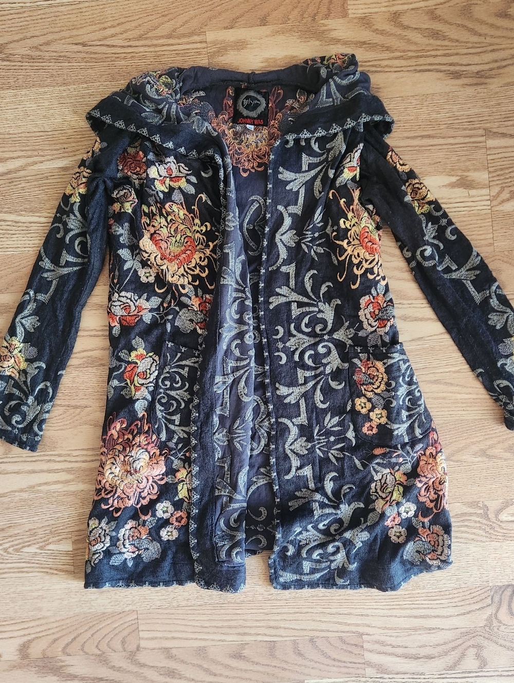 EUC Johnny Was Black Floral Embroidered Hooded Cardigan, Size XS